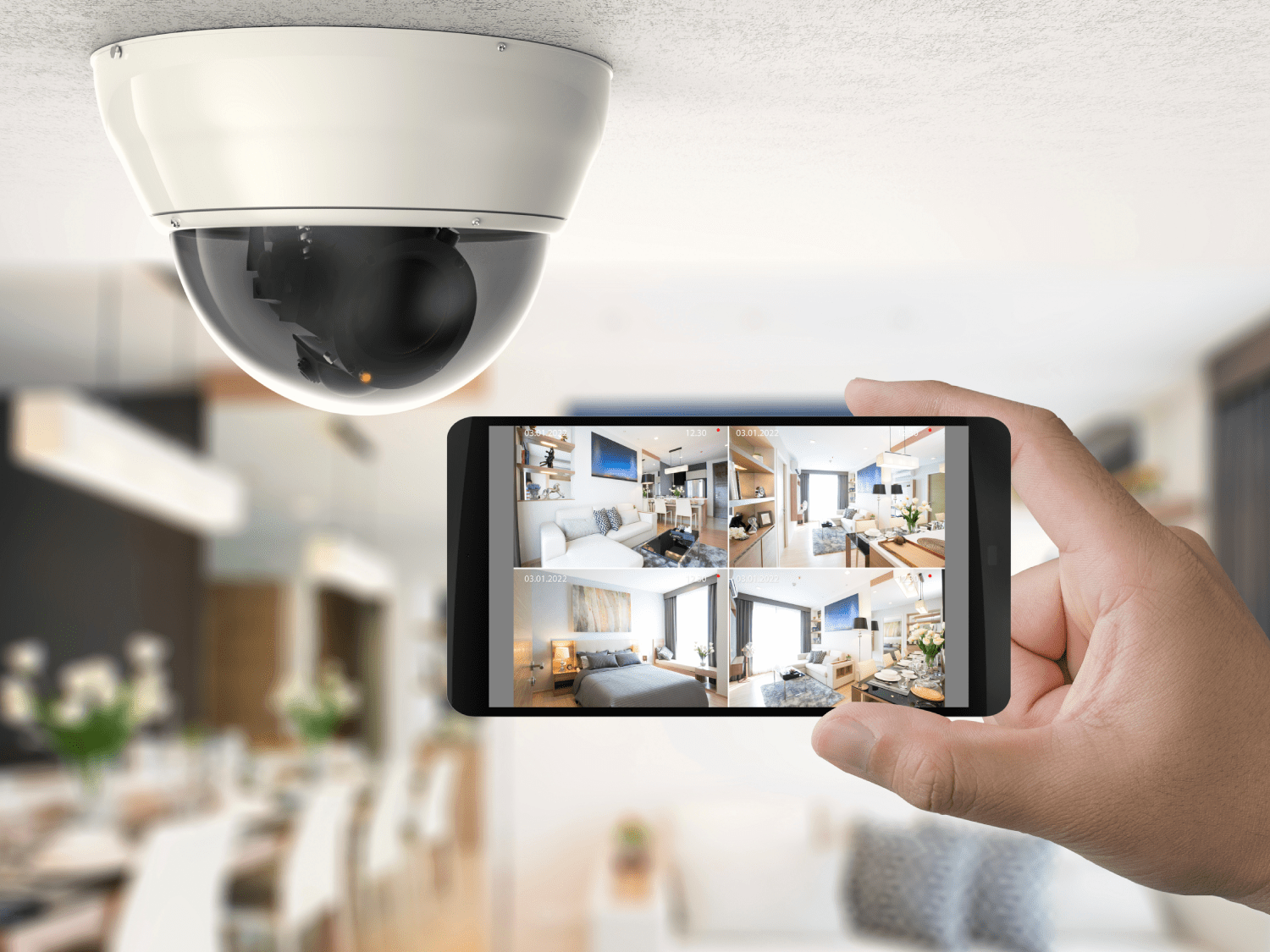 Hand Holding Mobile Connect with Security Camera
